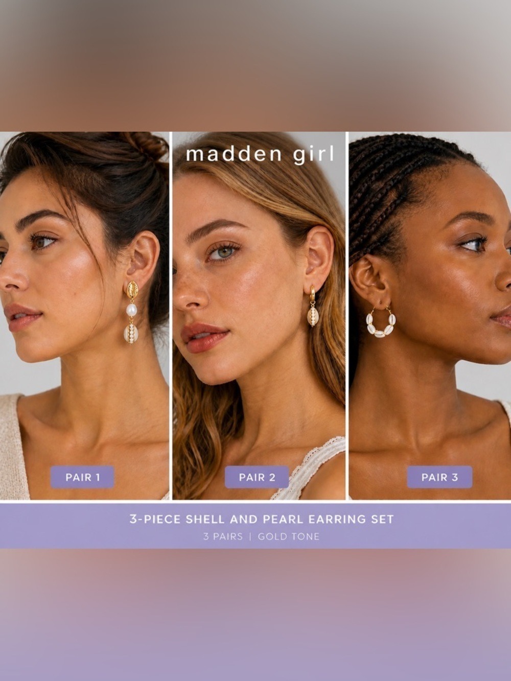 Madden Girl 3-Piece Shell & Pearl Earring Set Gold Tone Boho Coastal Jewelry